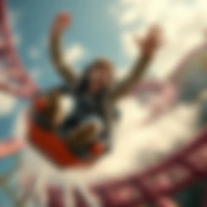 Rider in Mid-Air Plunge A rider experiencing an intense drop on a roller coaster, arms raised, with a look of thrill and fear on their face, background shows the amusement park in motion.