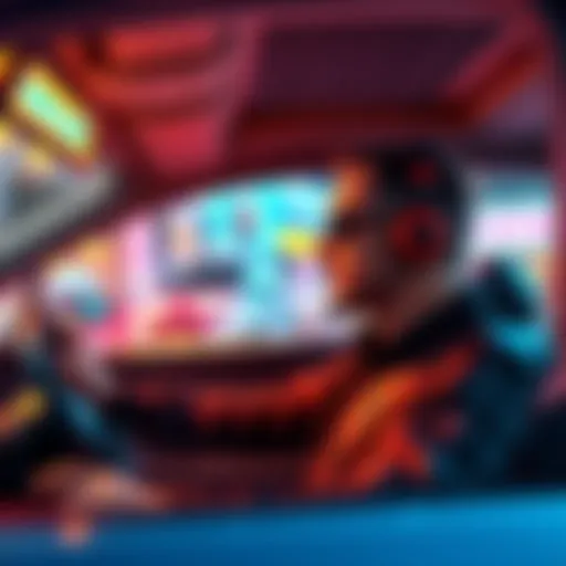 A rideshare driver with a headset, showcasing AI voice generation and players enjoying free ride missions in a lively gaming environment