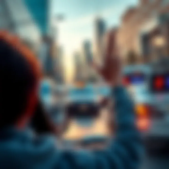 Ridesharing Concept A person waving for a rideshare vehicle in an urban setting, with modern cars and city buildings in the background.