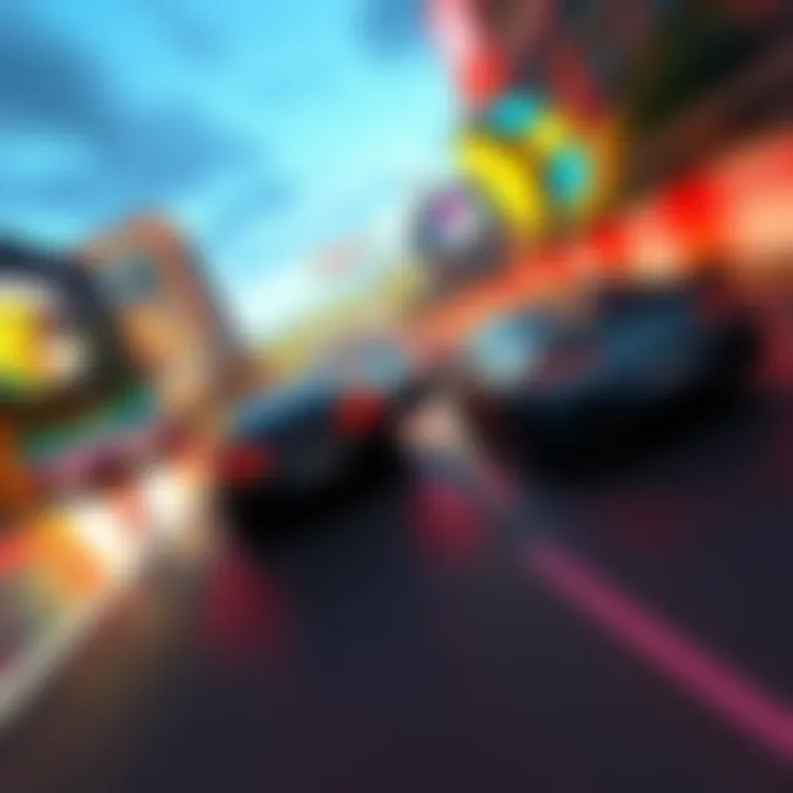 A high-speed scene from Ridge Racer 7 showing cars racing on a vibrant street track with dynamic visuals.