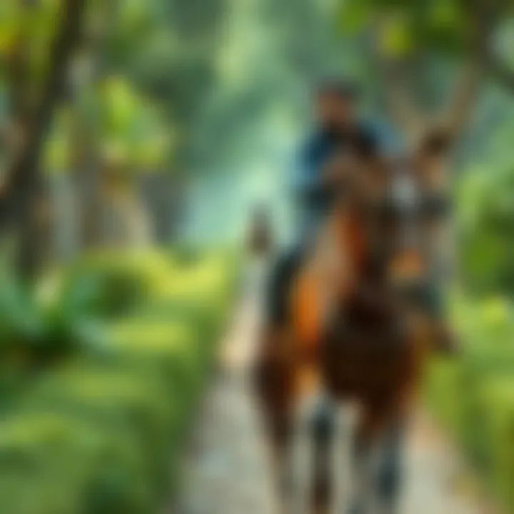 Riding Somnacanth A person riding somnacanth on a pathway, showing focus and balance while holding the reins, surrounded by greenery.