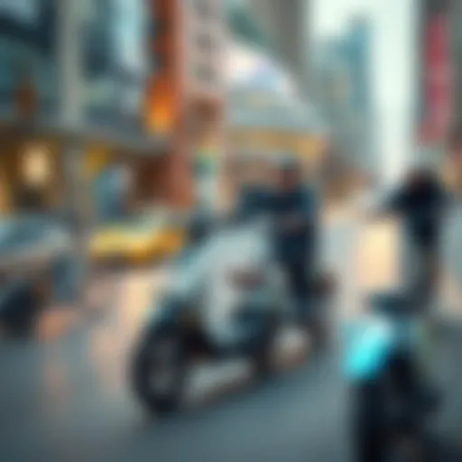 Various riding machines including bicycles, electric scooters, and hoverboards on a city street, representing modern transportation options.
