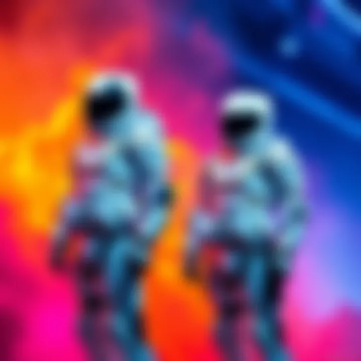 A display of the Riftreaver Drift and Omega Suit showing their all-white designs, with a backdrop highlighting vibrant colors