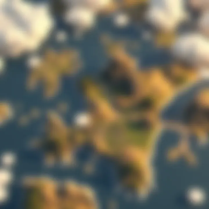 A detailed view of RimWorld - Odyssey showing diverse biomes, landmarks, and map layout