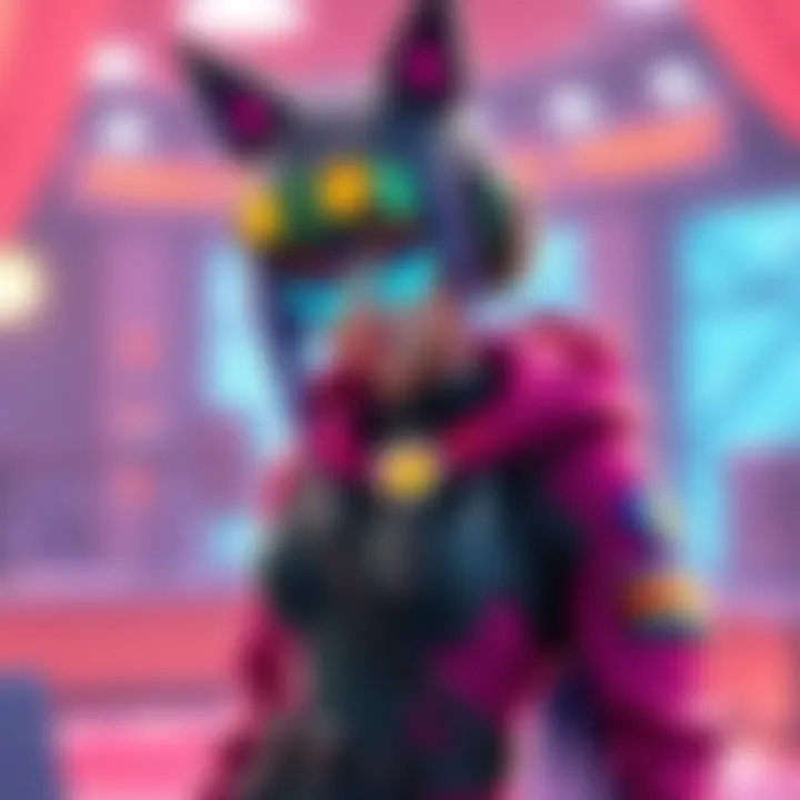 Rin character appears in Fortnite, showcasing vibrant colors and a stylish outfit in a game-like setting.