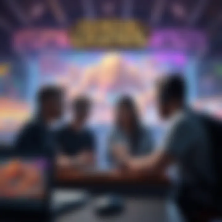 A group of game developers discussing plans for a new League of Legends MMO, inspired by World of Warcraft