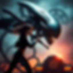 A scene depicting Ripley in a fierce battle against the Xenomorph Queen, showcasing their intense confrontation, vibrant colors and dynamic poses.