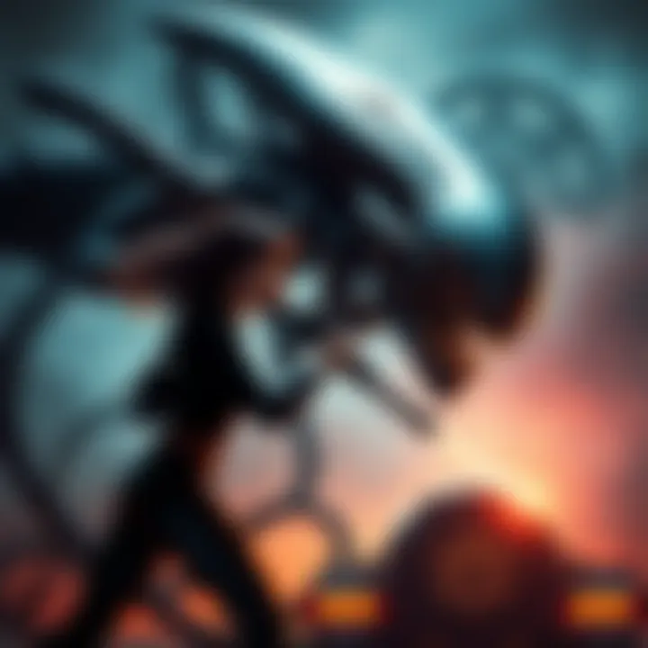 A scene depicting Ripley in a fierce battle against the Xenomorph Queen, showcasing their intense confrontation, vibrant colors and dynamic poses.