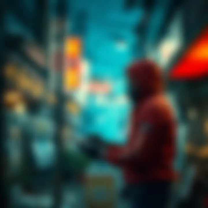 A street scene showing a ripper examining ganic supplies, emphasizing their connection to cyberpsychosis, with low cyberware visible on their body.