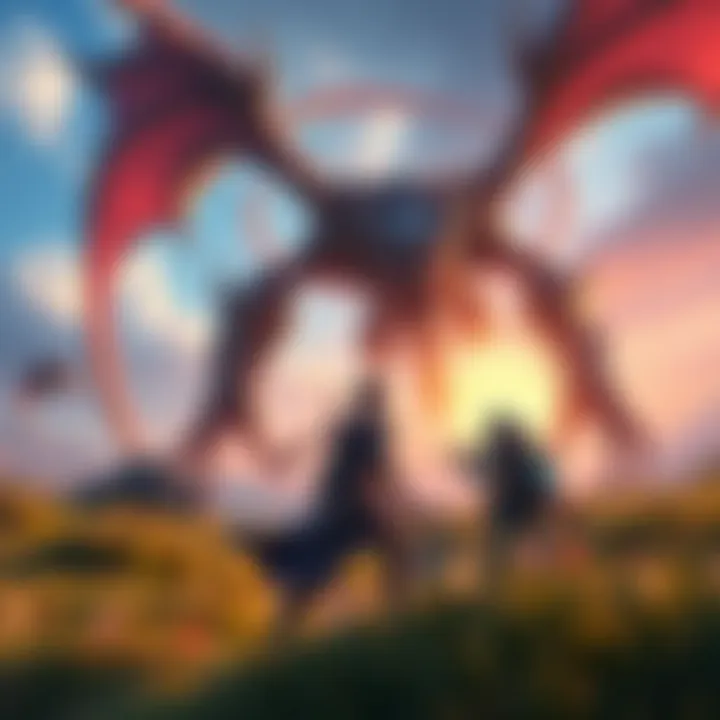 A character in battle gear faces a large monster in a vibrant fantasy landscape