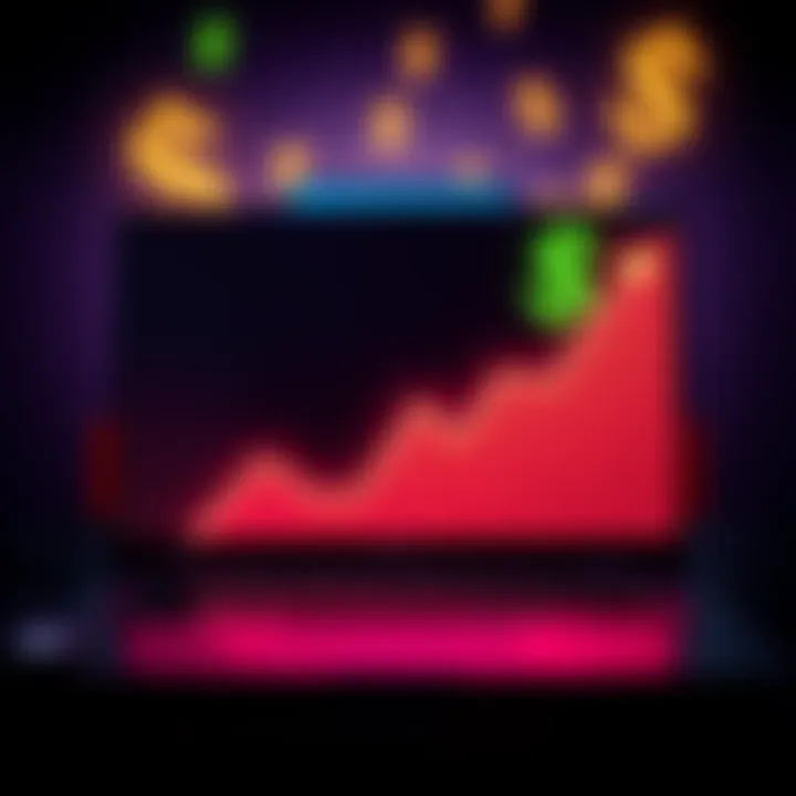 A graph showing an upward trend in computer prices with a laptop and dollar signs in the background.