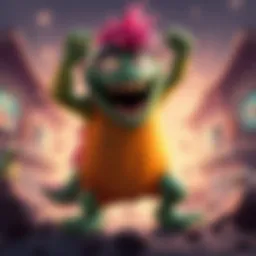 A cartoon monster getting back up after being defeated in a game, showcasing its humorous expression.