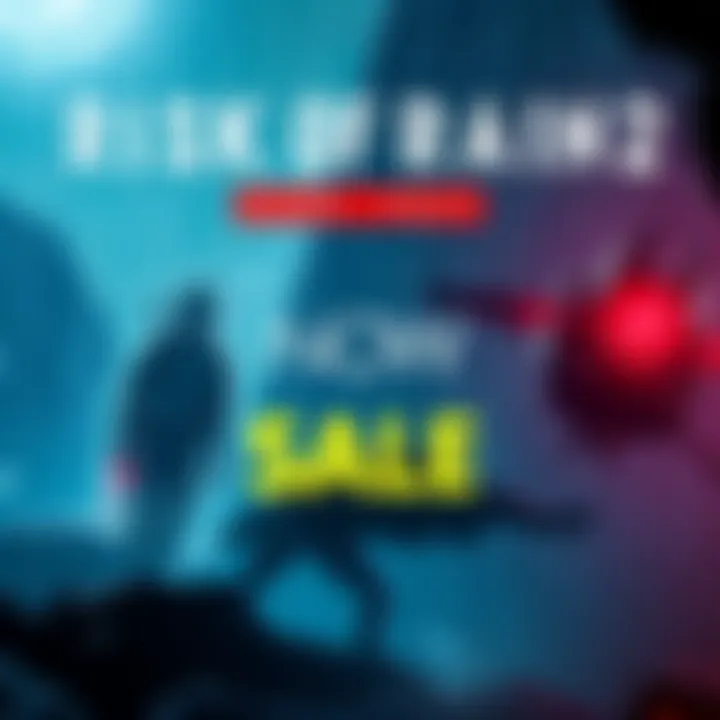 Risk of Rain 2 Game Sale Promotional image showing Risk of Rain 2 with DLCs Survivors of the Void and Seekers of the Storm on sale