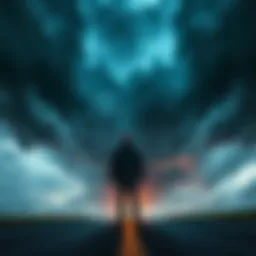 A person standing at a crossroads, looking uncertain as dark clouds loom overhead, symbolizing the tension of making risky choices in uncertain times.