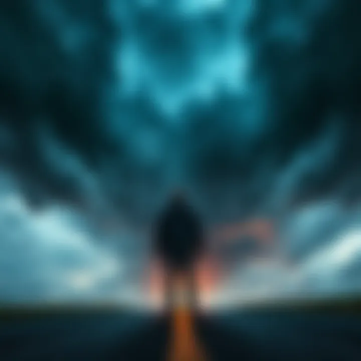 A person standing at a crossroads, looking uncertain as dark clouds loom overhead, symbolizing the tension of making risky choices in uncertain times.