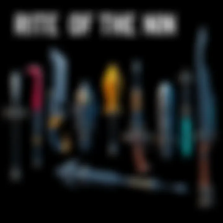 A variety of weapons from the Rite of the Nine, displayed on a dark background, showcasing their unique designs and features.