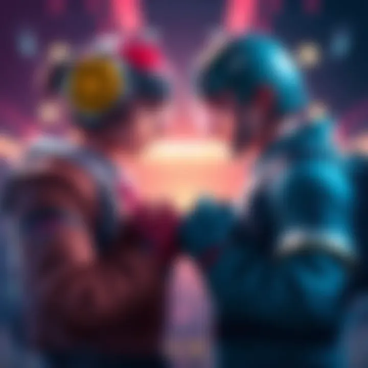 Two game characters facing each other in a competitive stance, showcasing rivalry and tension.