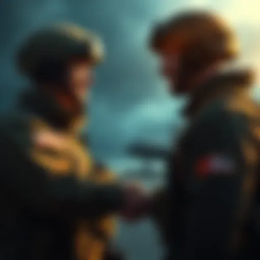 Rivals exchanging compliments Two soldiers from opposing sides share a handshake and smile at each other, indicating a surprising moment of respect between enemies.