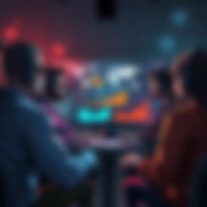 A group of players discussing a riven's value with charts and stats on a screen