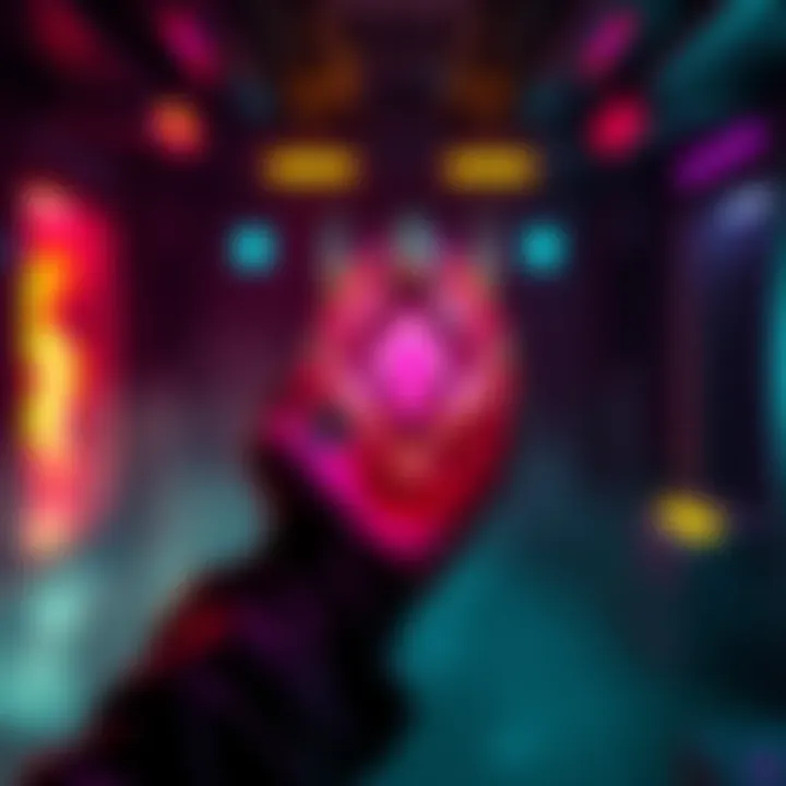 A player holds a glowing Riven mod in a dark room, surrounded by colorful effects, ready to unlock its potential.