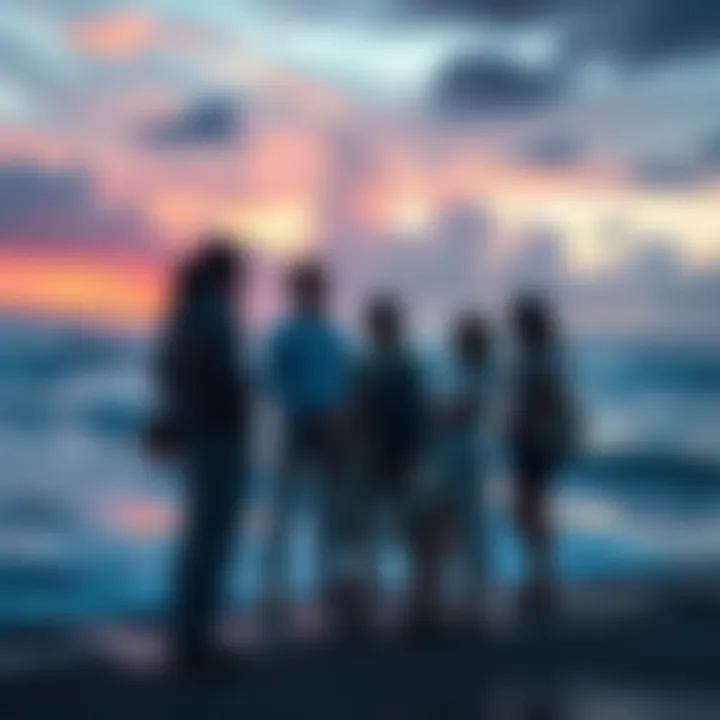 A group of people discussing fresh insights about Riven Tides by the ocean