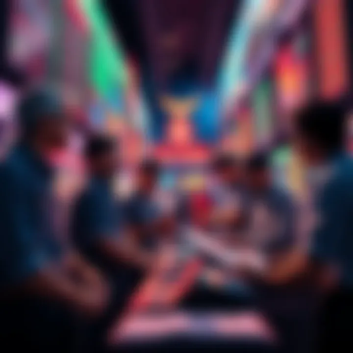 A group of people analyzing Riven prices and options in a marketplace setting, discussing trading strategies and values.