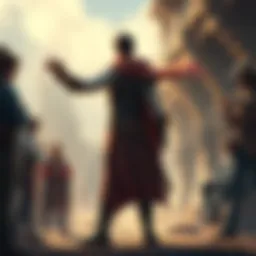 Roache character standing with a noticeable short arm, surrounded by fans discussing theories, in a fantasy setting.