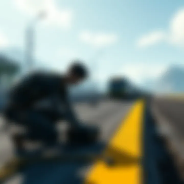 A character repairing a road segment in Death Stranding 2, with a monorail visible in the background, showcasing the game's focus on infrastructure upkeep.