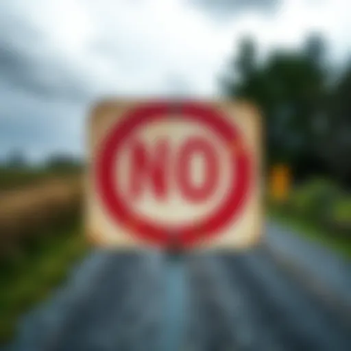 A weathered road sign indicating no entry, with a gravel path and trees in the background, symbolizing a decision to turn back