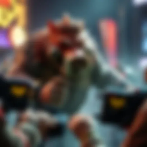 A gaming scene featuring Roadhog, a character known for his large size and hook ability, surrounded by players strategizing against him.