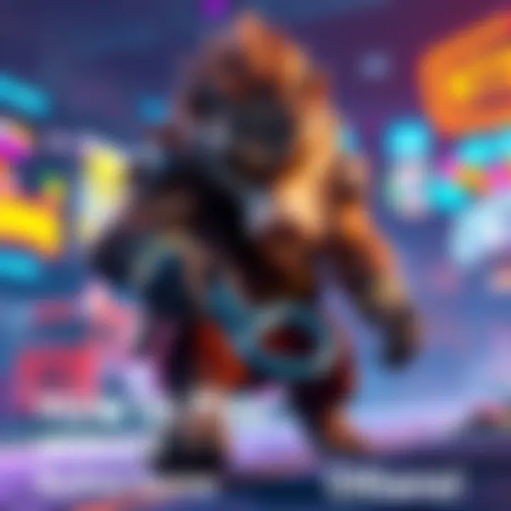 Roadhog Character in Action A character resembling Roadhog from a video game, with a large physique, wielding a hook, in a colorful gaming landscape, focused on the game