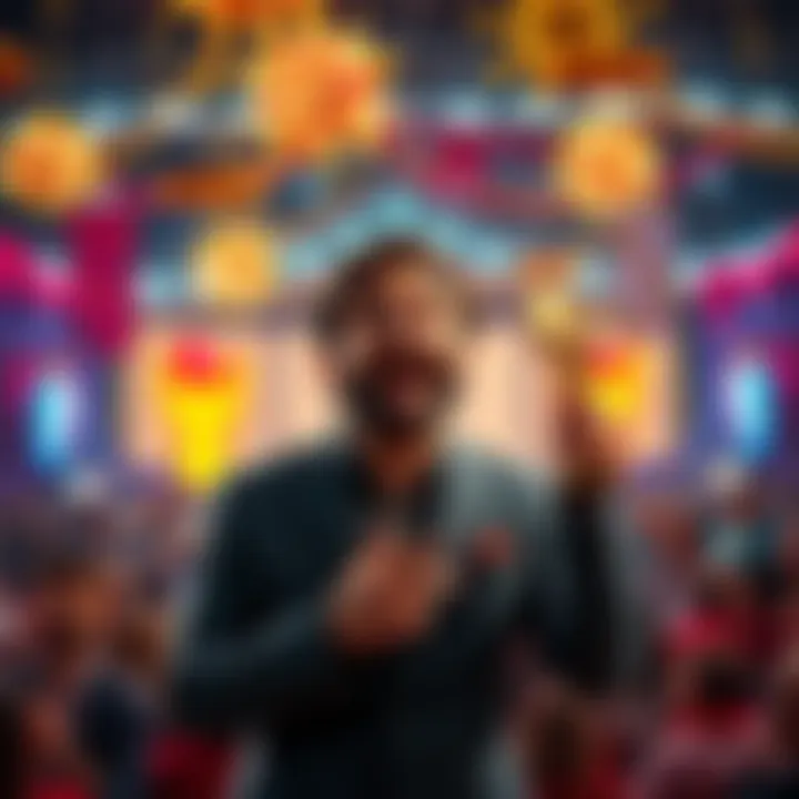 Rob Celebrating Nymn's Award Show Rob showing excitement at Nymn's New Year Award Show, surrounded by celebratory decorations and an audience, highlighting achievements in entertainment.