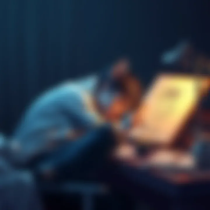 An artist falls asleep while drawing Robin Goodfellow, with sketches scattered around and the unfinished artwork on the desk.