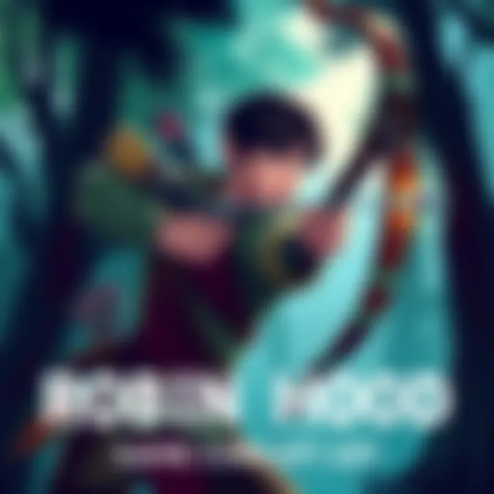 Illustration of a character inspired by Robin Hood aiming a bow and arrow in a forest setting, with a medieval vibe.