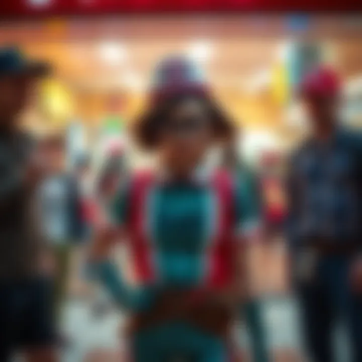 Robin from Stranger Things wearing her Scoops Ahoy ice cream shop uniform, surrounded by characters in new season outfits