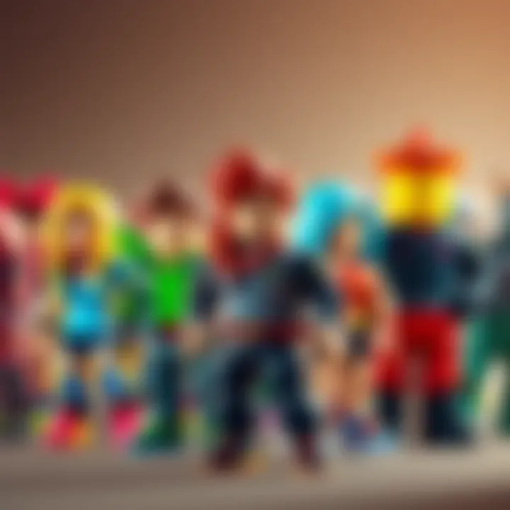 Various colorful Roblox characters standing together, showcasing different outfits and accessories, representing the diversity of players.