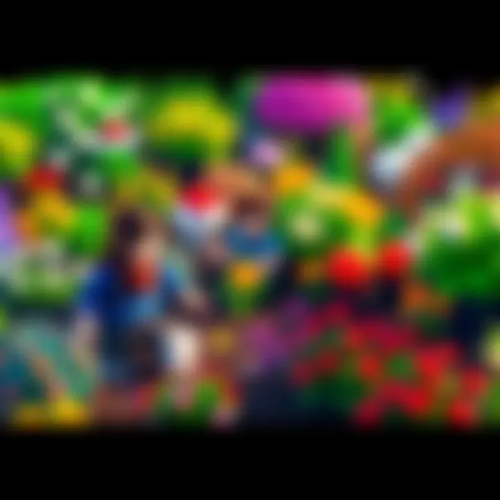 A colorful garden with various plants and flowers, showcasing players interacting with the environment in Roblox's Grow a Garden game.