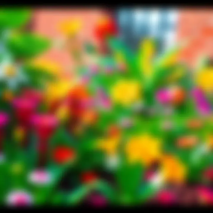A vibrant digital garden scene from the Roblox game 'Grow a Garden' with colorful plants and flowers