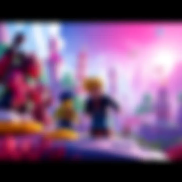 Colorful characters in a Roblox story game setting, interacting in a vibrant world filled with unique landscapes and adventures.