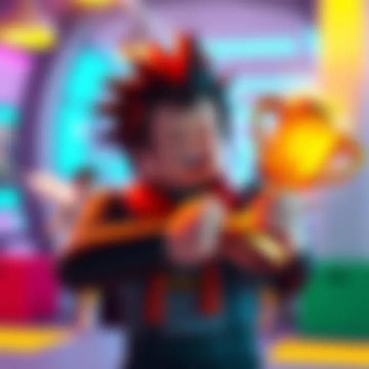 A Roblox player joyfully holding a trophy in a colorful game environment
