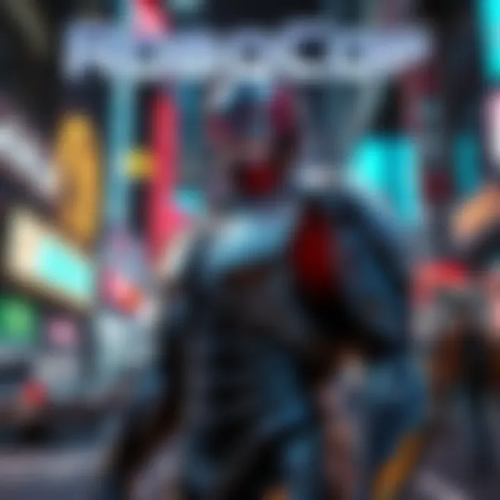 Robocop standing in a futuristic city, showcasing technology and human elements, with neon lights and a busy street in the background