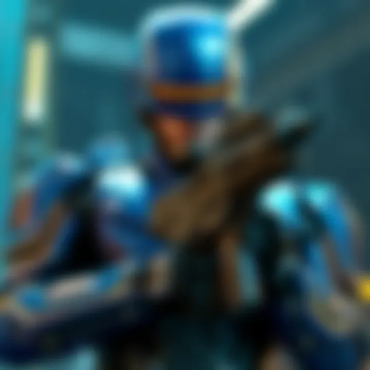 A character from RoboCop 2 wearing blue armor and holding a black Auto9 weapon, showcasing a potential bug in the game.