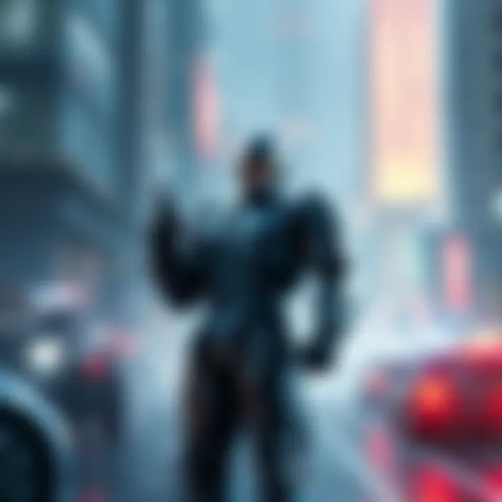 Robocop standing in a futuristic city, ready for action with a backdrop of glowing buildings and vehicles.