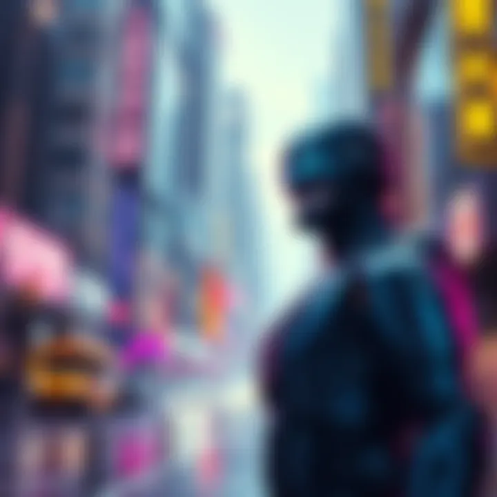 Robocop stands in a futuristic city filled with neon lights and tall buildings, reflecting a cyberpunk theme.