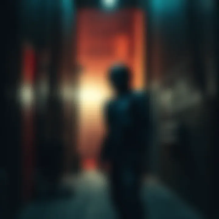 A character resembling Robocop stands in a dark alley, observing a transformation scene with eerie shadows, hinting at horror elements from modern films.