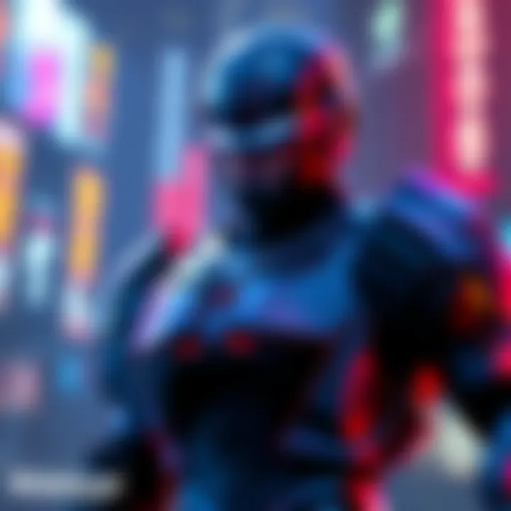 RoboCop character in futuristic armor promoting the game RoboCop: Rogue City on Xbox Play Anywhere and Game Pass.