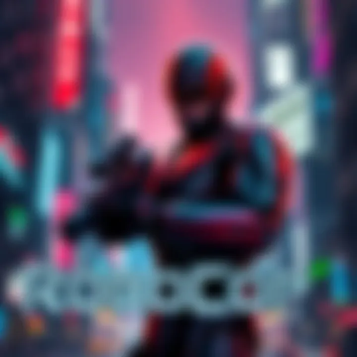RoboCop stands ready with his weapon, showcasing a futuristic city background filled with neon lights and shadows.