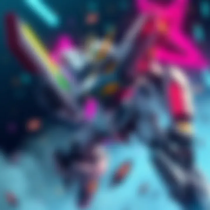 A dynamic robot character engaged in a battle pose, showcasing its mechanical features and vibrant colors, set against a futuristic backdrop.