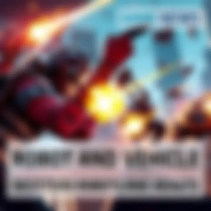 Robot and Vehicle Destruction in FPS Games A player in a futuristic setting firing at robotic enemies and vehicles, showcasing intense action without human violence.