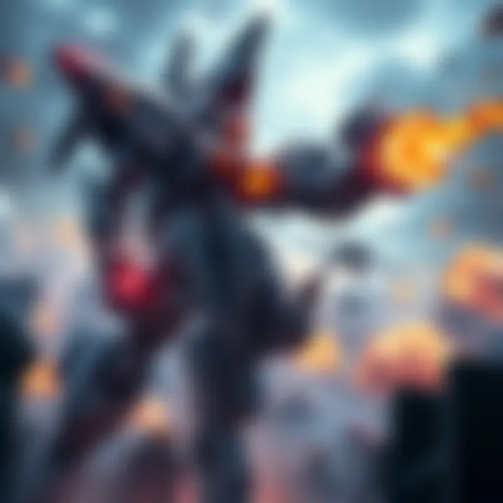A giant mech towered over a cityscape, with explosions and destruction in the background, showcasing intense battle action.